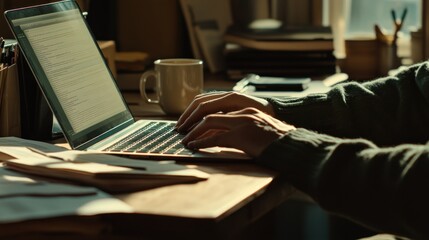 Poster - A person typing on a laptop at a desk with a coffee mug and scattered papers.