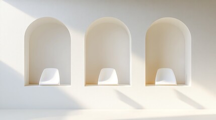 Poster - Minimalist interior with three arches and white chairs, emphasizing simplicity and space.
