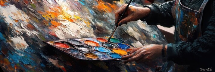 Poster - A close-up of a painter's hand mixing colors on a palette, showcasing artistic creativity.