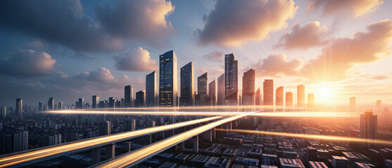 Poster - A dramatic skyline at sunset featuring modern skyscrapers illuminated by warm light, showcasing the beauty of urban architecture and the transition from day to night.