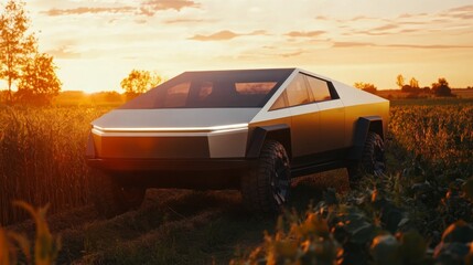 Poster - A modern electric truck stands proudly in a lush green field as the sun sets, illuminating its sleek, angular body.