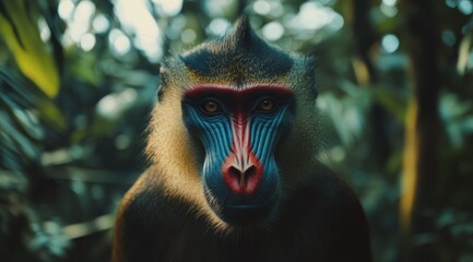 Aufkleber - A close-up portrait of a baboon with colorful facial markings in a lush green environment.