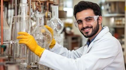 Poster - A cheerful young scientist with safety gear, enthusiastically working in a bright, modern laboratory setting.