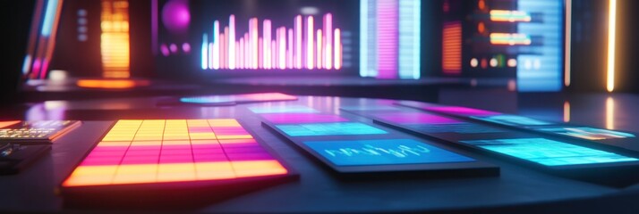 Poster - A futuristic workspace with vibrant displays and interactive panels for data visualization.