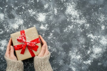 The hands of a person are holding an elegant craft present box decorated with ribbon, ready to give as a gift for Christmas, New Year, or Birthday. Xmas festive background with confetti, glitter.