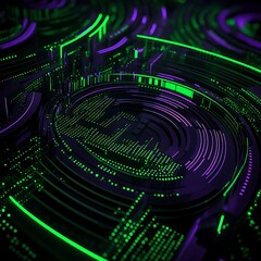 Poster - abstract illustration of futuristic technology design featuring glowing green and purple lines, shap