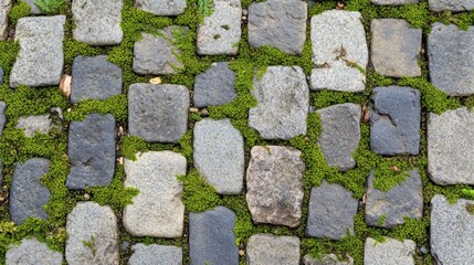 Poster - A close-up of cobblestone pavement with patches of green moss between the stones.