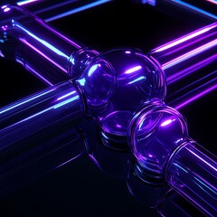 Poster - abstract neon structure featuring shiny tubes and spheres reflecting light in a dark background, ide