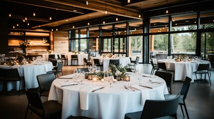 Elegantly set round tables with white tablecloths, glassware, and flower centerpieces in a modern dining space with large windows and ambient lighting.