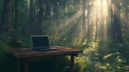 Wall Mural - Wooden desk with laptop in a forest clearing filtered sunlight and lush greenery for a peaceful work environment Copy space