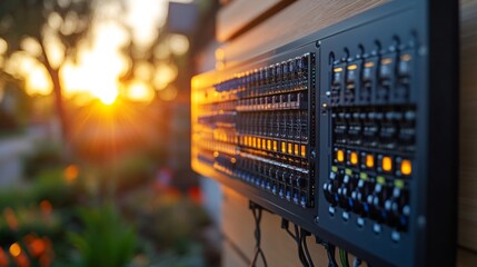 Poster - A control panel with glowing buttons and switches stands against a backdrop of a beautiful sunset. The warm light adds a serene touch to the peaceful outdoor environment.