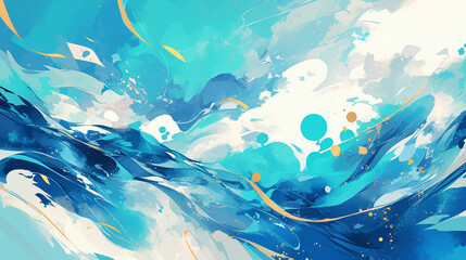 Poster - An abstract illustration depicting turbulent ocean waves in shades of blue and white, with splashes of color adding a dynamic feel to the scene for graphic resources.