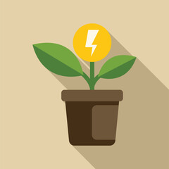 Canvas Print - Small plant growing in a pot with a lightning bolt suggesting green energy production and environmental conservation