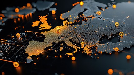 Fototapete - Highlighting blockchain nodes on a global map overlay a comprehensive analysis of standards in technology across various locations