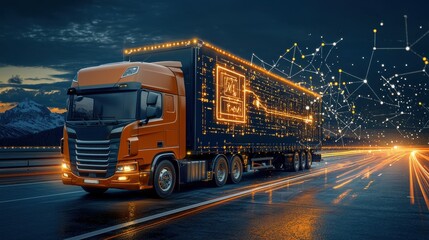 Leinwandbilder - Revolutionizing logistics iot-enabled trucks transmitting real-time blockchain standards for enhanced transparency and efficiency