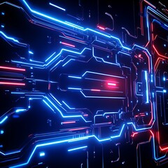 Poster - Futuristic Abstract Digital Circuit Board with Blue and Red Neon Lights, Representing Technology, Innovation, and High-Tech Concepts for Modern Design Needs