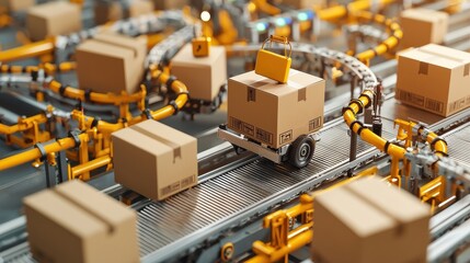 Fototapete - Efficient shipment processing conveyor belt systems for standardized box handling in industrial warehouses