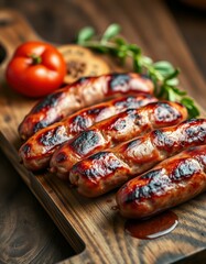 Wall Mural - Grilled sausages rest on a wooden board alongside a tomato and herbs