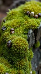 Wall Mural - Close-up view of vibrant green moss and small decorative stones arranged on a dark rock surface