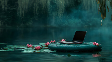 Wall Mural - Work setup with laptop on a small floating raft in a quiet pond surrounded by water lilies Copy space