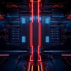 Poster - Futuristic Abstract Technology Background with Neon Lights in Blue and Red Colors, High-Tech Digital Interface for Sci-Fi Themes and Virtual Environments