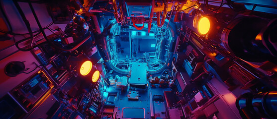 Poster - A futuristic interior of a spaceship control room filled with vibrant blue and purple lights, showcasing advanced technology and a sci-fi ambiance for technology.
