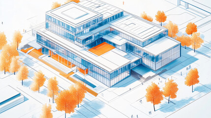 Poster - A conceptual architectural illustration of a modern building design with orange and blue accents, set in a landscaped environment for architecture.