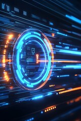 Poster - futuristic digital interface with blue and orange light trails representing data flow and technology