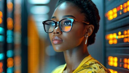 Poster - A young professional woman in glasses examining server room technology during daytime