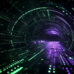 Poster - Futuristic Digital Tunnel with Green and Purple Glowing Lights, Representing Technology, Data Transmission, and Virtual Reality Concepts in a Sci-Fi Setting