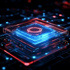 Poster - futuristic geometric shapes with glowing neon lights in blue and red creating a high-tech abstract b