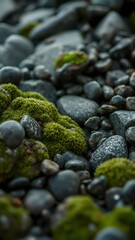 Wall Mural - Vibrant green moss thrives amongst dark grey stones near a coastal area at midday