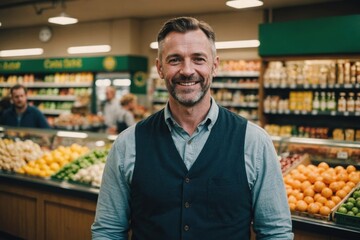 Close portrait of a smiling 40s Irish male grocer standing and looking at the camera, Irish grocery store blurred background