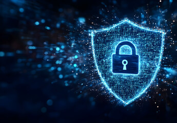 Wall Mural - Cybersecurity digital shield with a padlock icon on a dark blue background.