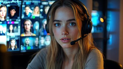 Poster - Young woman engaged in cybersecurity monitoring at a high-tech command center in the evening