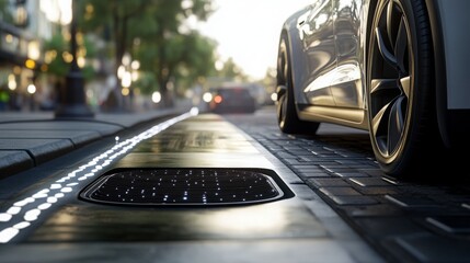 Poster - A car is parked on a city street with a wireless charging pad beneath it. The charging pad is black with a series of white lights around it. The car is silver and is parked at an angle.