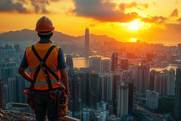 Poster - Civil engineer inspecting construction site at sunset urban landscape photography safety focus engineering insights for seo impact