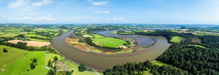 Wall Mural - Panorama of River Tamar over Pentillie Castle from a drone, Paynters Cross, St Mellion, Cornwall, England