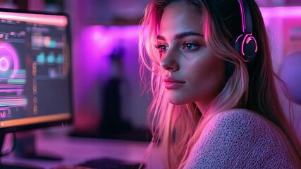 Poster - Young woman focused on her computer screen while gaming in a dimly lit room with vibrant colors