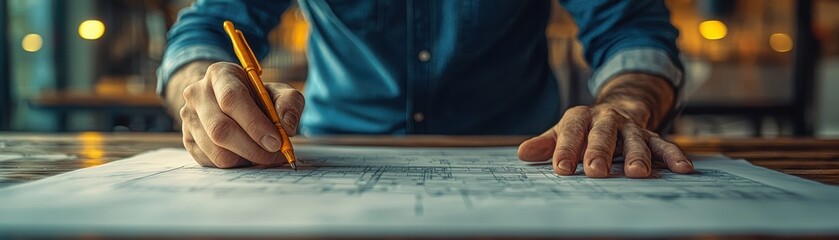 Poster - Civil engineer examining blueprint details office workspace close-up photography urban environment professional perspective