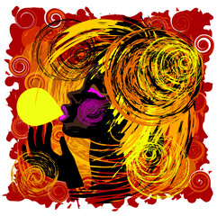 Wall Mural - a color portrait of an african woman inflating a bubble of chewing gum.