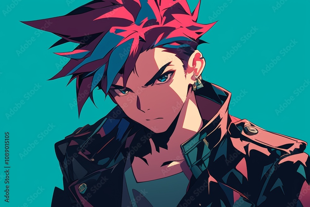 Stylish Anime Boy with Red and Blue Hair in Leather Jacket. Minimalist ...