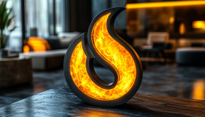 Poster - A fire symbol is lit up in a room with a fireplace. The fire symbol is orange and black