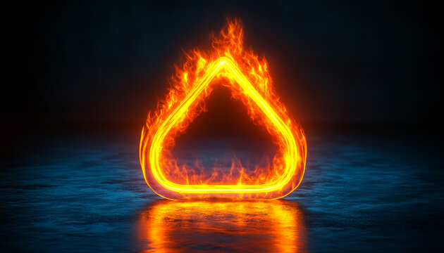 A triangle made of fire is lit up in the dark. The fire is orange and the triangle is illuminated