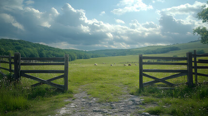 A highly detailed photography featuring a peaceful, green countryside field with grazing animals, framed by rustic wooden fences and a backdrop of scattered clouds.