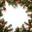 © Nugraha - Festive Christmas Frame with Ornaments, Lights, and Branches on White Background