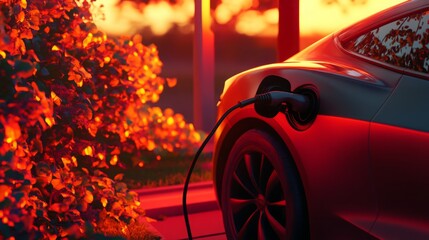 Poster - An electric vehicle is plugged in for charging as the sun sets, casting a warm glow on the leaves surrounding the scene.