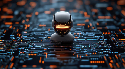Poster - Futuristic robot head on circuit board background, symbolizing AI
