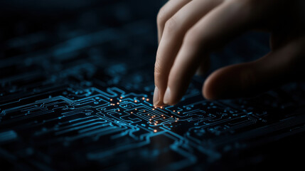 Poster - Hand touching circuit board, showcasing technology and innovation
