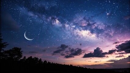 Canvas Print - dark celestial backdrop with twinkling stars and a crescent moon, set against a gradient of deep blu